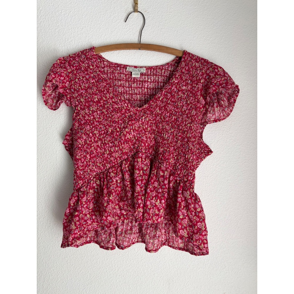 American Eagle Red Floral Smocked Peplum Top V-Neck Flutter Sleeve XL